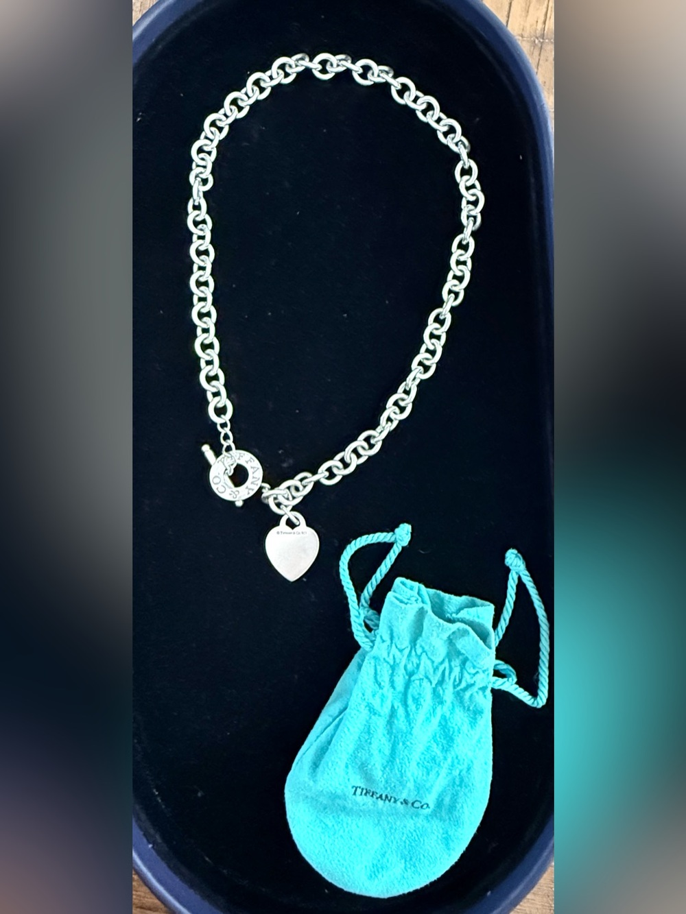 Vintage 2005 Tiffany & Co. Silver Heart Tag Toggle Necklace with Blue Pouch